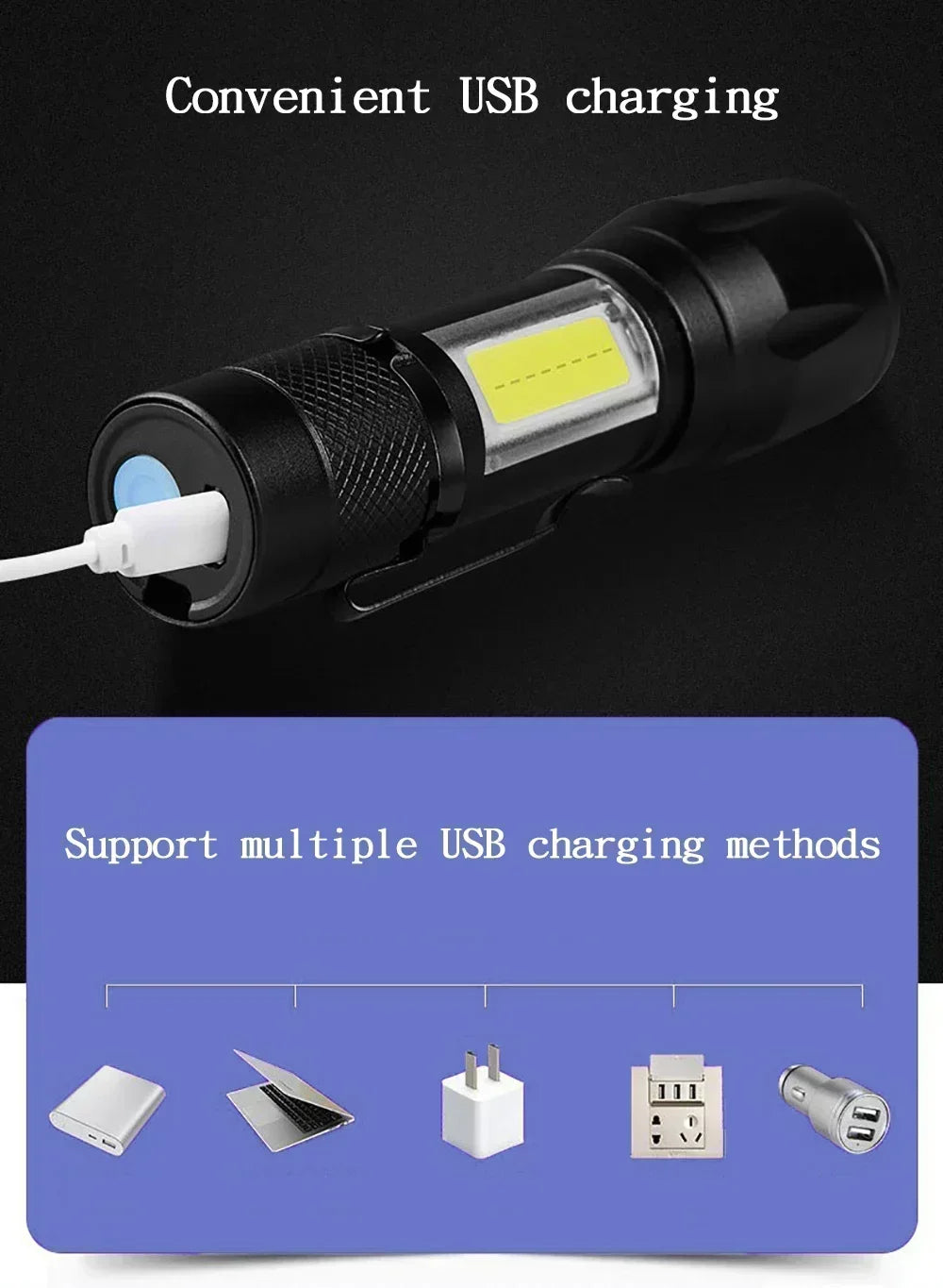 2000LM Ultra Bright P50 LED Flashlight Tactical EDC Emergency Spotlight Telescopic Zoom Handheld Torch with 14500/18650 Battery