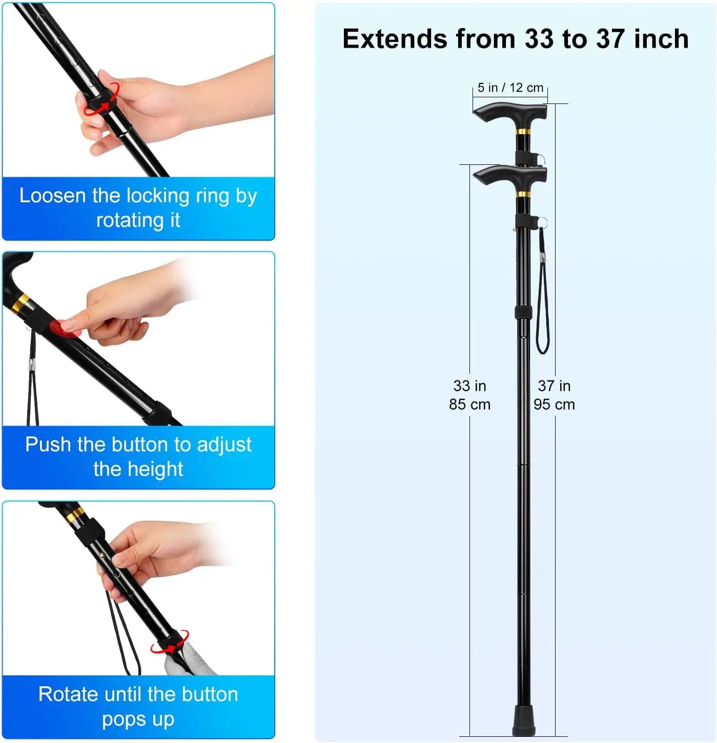 Folding Cane Portable 5-Level Adjustable Height Walking Stick with Foldable Design Wrist Strap