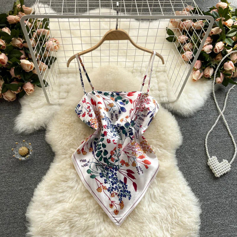 Women Sexy Backless asymmetrical lace-up Camis Print Tank Top Chic One-piece Corset Bustier Summer Beach vacation Crop Top