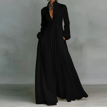 Elegant Stand Collar Long Sleeve Party Dress, Women 2026 New Spring Solid Casual Dresses, Single Breasted Ladies Pocket Dresses