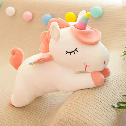 Kawaii Lying Unicorn Plush Toy Stuffed Soft Cute White Pink Horse Appease Doll Pillow for Kids Girls Birthday Gift Room Decor