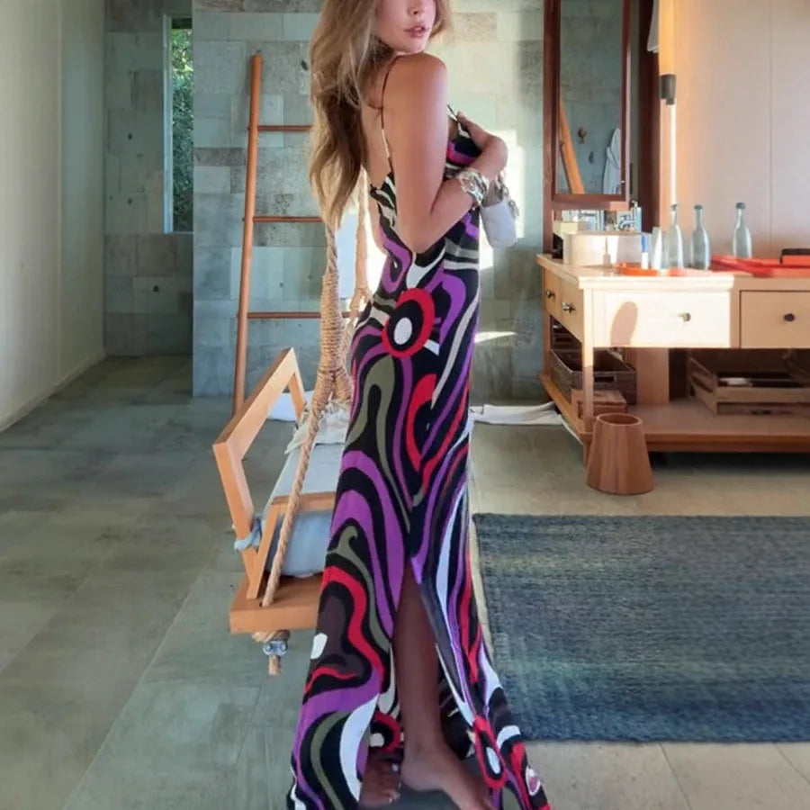 Women's Spaghetti Strap Dress Irregular Color Print Sexy V-neck Backless Slim Slit Long Dresses Summer Party Commuting Vestidos