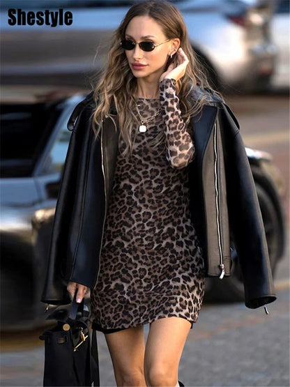 Shestyle Leopard Sexy A-Line Dress Women Two Piece Sets Mesh See Through Fashion Extremely Hot High Street Animal Print Stylish