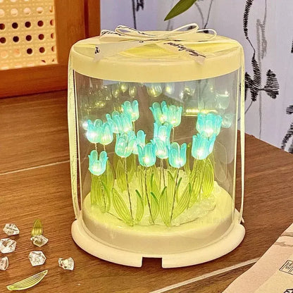 DIY Tulip Lamp Simulation Flower Sea Cake Box Bedroom Sleeping Table Lamp Handmade Craft Decor Tulips Night Light Birthday Gift