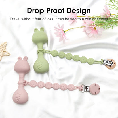 Food-Grade Baby Bunny Silicone Rattle Teether – Dumbbell Shape for Easy Grip, Handheld Toy for Infants