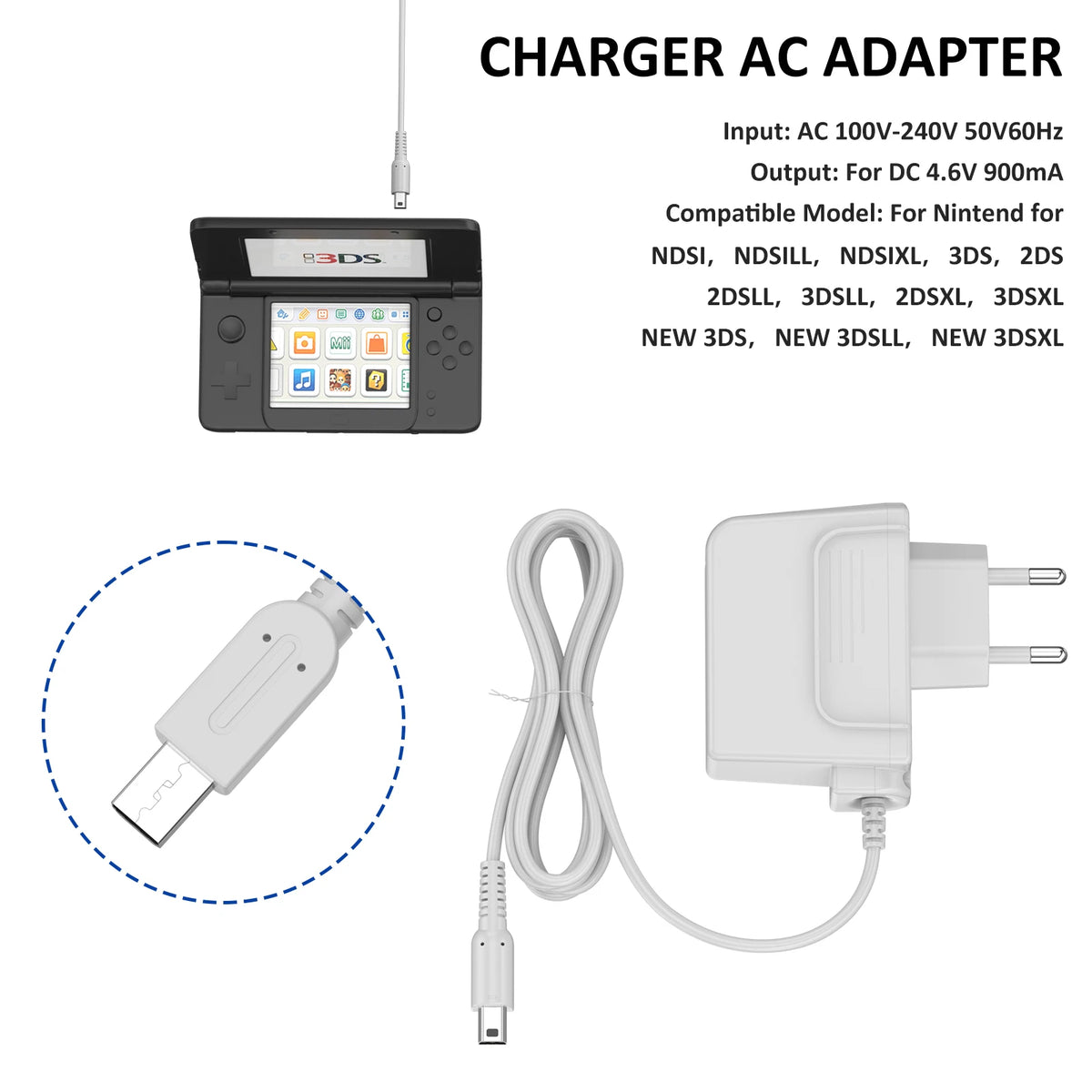 Charger With EU Plug For Nintendo 3DS XL/2DS/DSi 1.2m Charging Cable For New 3DS XL/New 3DS/New 2DS XL/New 2DS/2DS XL/DSi XL