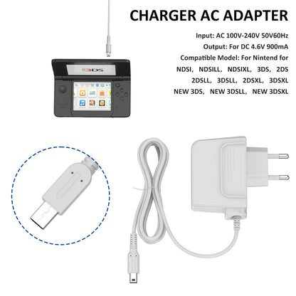 Charger With EU Plug For Nintendo 3DS XL/2DS/DSi 1.2m Charging Cable For New 3DS XL/New 3DS/New 2DS XL/New 2DS/2DS XL/DSi XL
