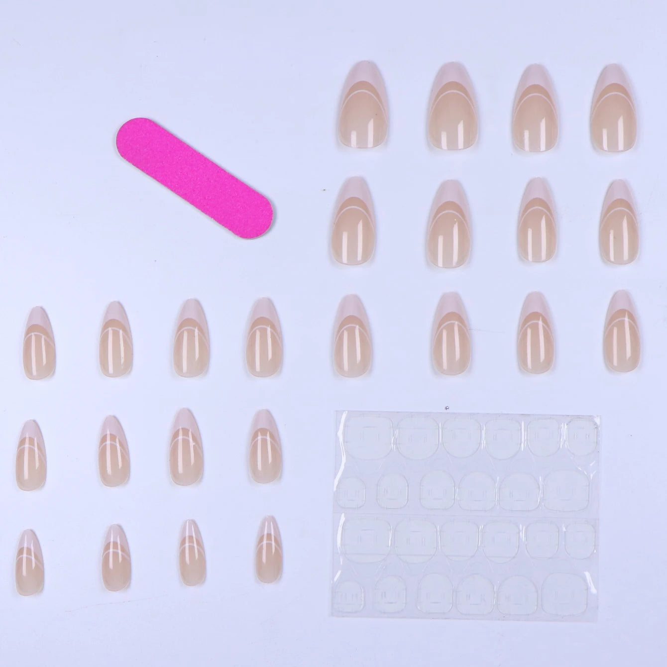 24PCS nude pink short square fake nails, Gold lines, love design, full cover fake nail set, 1 nail file and 1 nail glue sticker
