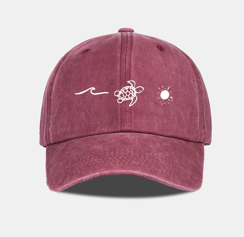 Retro Washed Baseball Cap with Wave, Turtle, and Sun Print – Unisex Adjustable Dad Cap – Summer Beach Sun Hat
