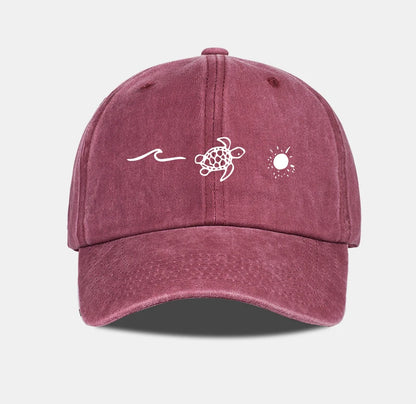 Retro Washed Baseball Cap with Wave, Turtle, and Sun Print – Unisex Adjustable Dad Cap – Summer Beach Sun Hat