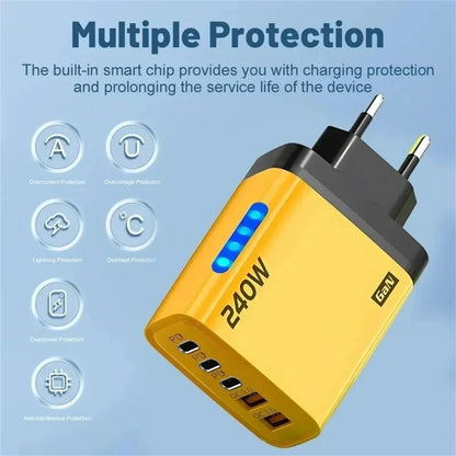 5 in 1 GaN Desktop USB Phone Charger 240W PD Fast Charger For iPhone 16 15 Pro Samsung Xiaomi Type C EU US UK Plug Power Adapter