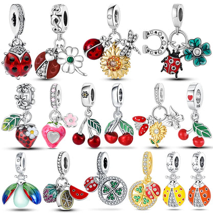 Charms Silver 925 Ladybugs and Cherry Strawberries Pendant Bead Fit 3mm Bracelet Bangle Necklace For Women Luxury Jewelry Making