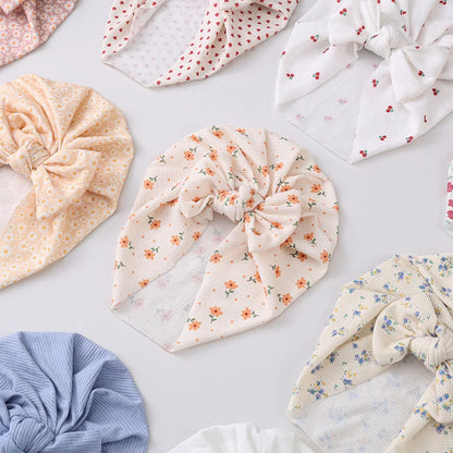 Ins Ribbed Baby Turban Hats Heart Dasiy Cherry Butterfly Bear Printed Infant Beanies Toddler Boys Girls Caps Kids Headwear