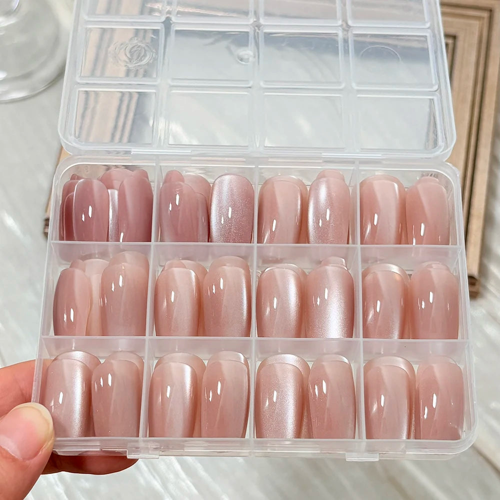 144Pcs/Box Nude Pink Cat's Eye Press On Nails Glossy Short Round Head Fake Nail Detachable Full Cover False Nailtip DIY Manicure
