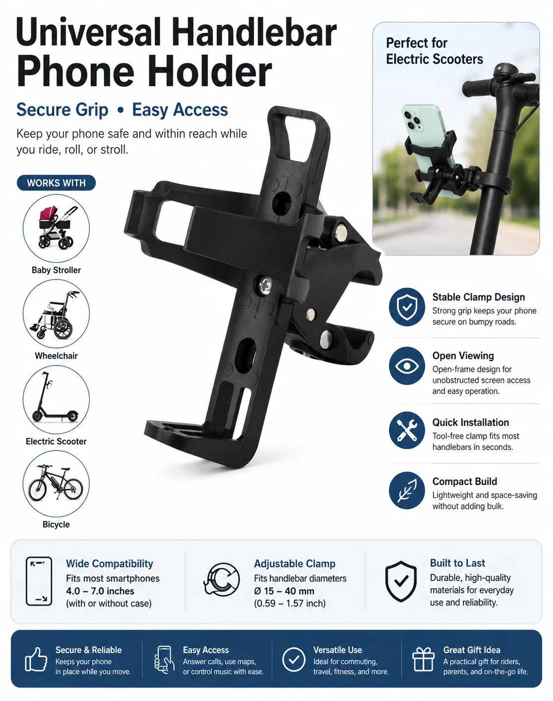 Universal Handlebar Phone Holder Adjustable Bike Scooter Stroller Wheelchair Mount Clamp Stand for 4.0-7.0 Inch Smartphones Uses