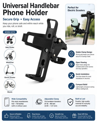 Universal Handlebar Phone Holder Adjustable Bike Scooter Stroller Wheelchair Mount Clamp Stand for 4.0-7.0 Inch Smartphones Uses