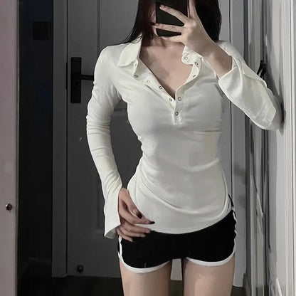 Women Korean Sexy Y2K Skinny Long Sleeve Polo Collar Button T-shirt 2024 Autumn Winter Fashion Solid Basic Tops Female Clothing