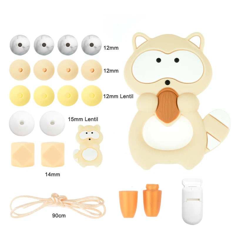 LOFCA Silicone Teether Wood Beads Set BPA Free DIY Baby Teething Necklace Toy Cartoon Koala Raccoon Pacifier Chain Clip