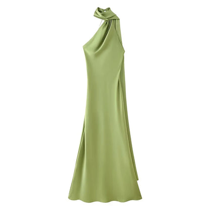 YENKYE High Street Women Sexy Elegant Halter Long Dress Female Fashion Backless Green Satin Party Maxi Vestidos