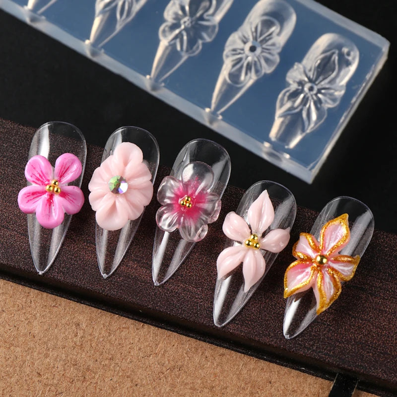 3D Flower Silicone Nail Mold Lily & Hibiscus Petals Carving Template Gel Polish Stencils for Spring Summer Manicure Decor