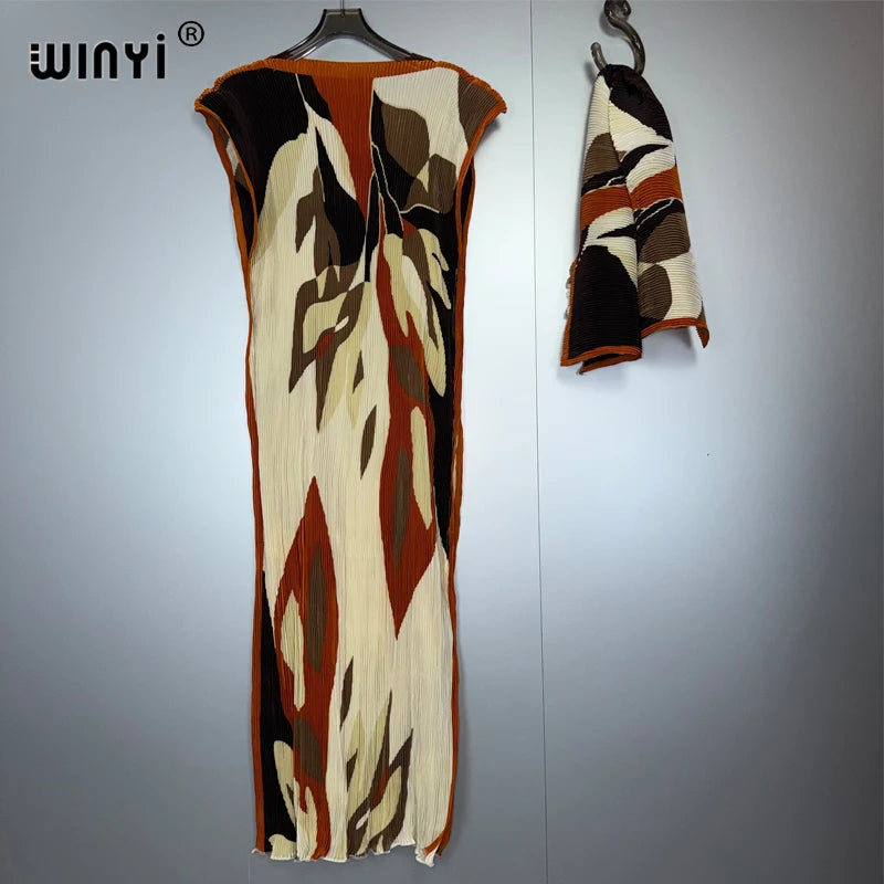 WINYI Pleated elastic slim dress Women crumple Design Pleated luxury abaya muslim party dress poncho for women beach wear kaftan