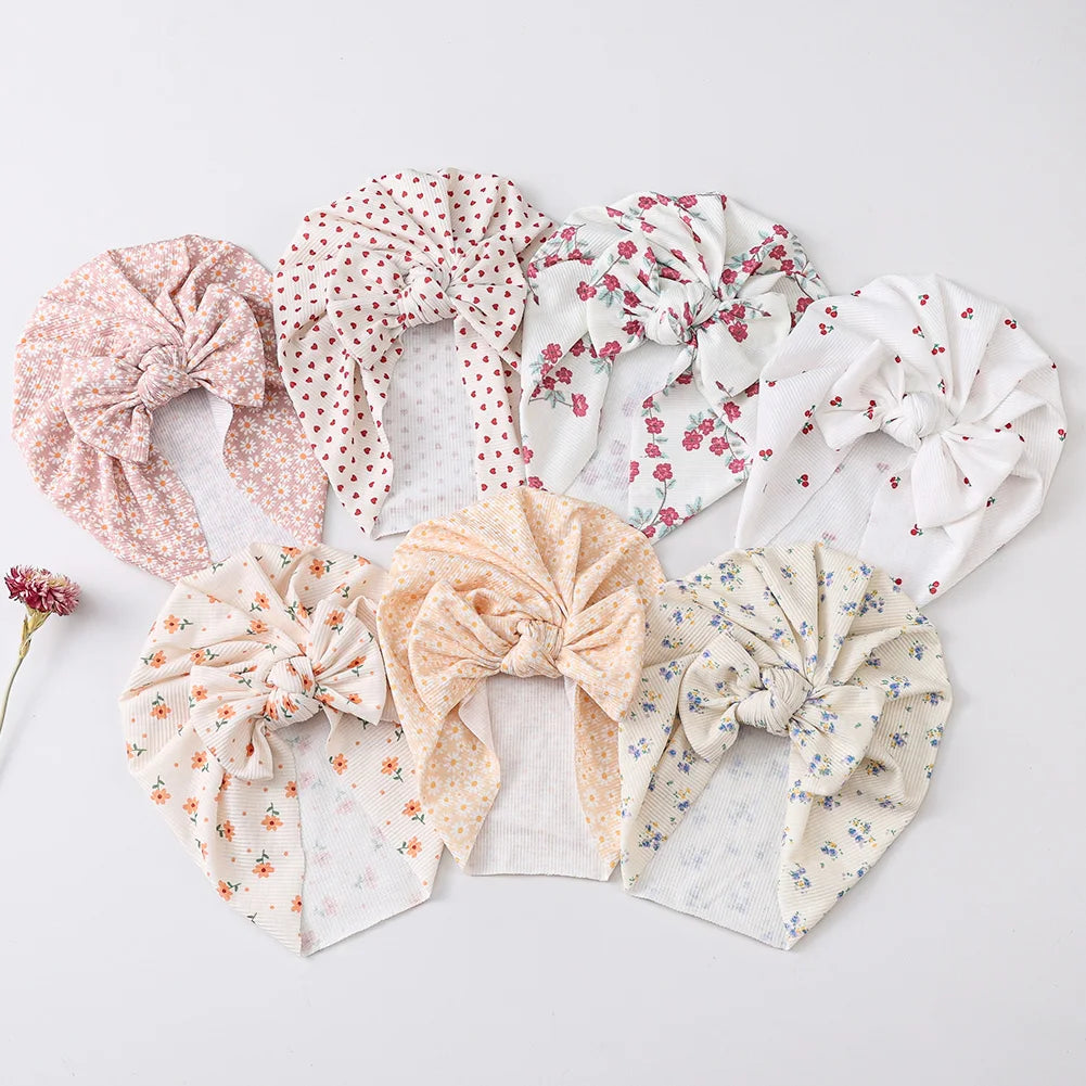 Ins Ribbed Baby Turban Hats Heart Dasiy Cherry Butterfly Bear Printed Infant Beanies Toddler Boys Girls Caps Kids Headwear