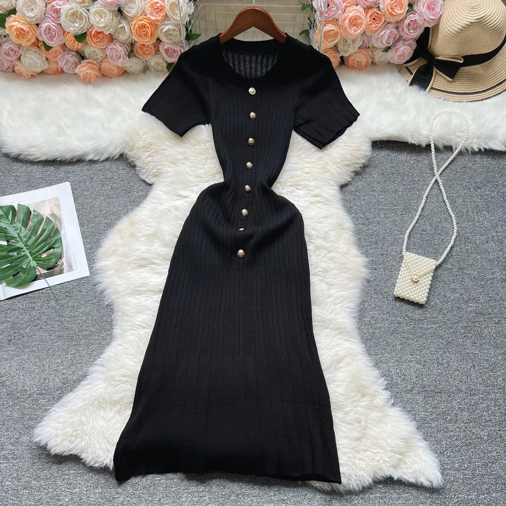 YuooMuoo 2026 Summer Women Knitted Long Dress Brand Fashion O-neck Buttons Bodycon Sweater Dress Elegant Lady Office Vestidos