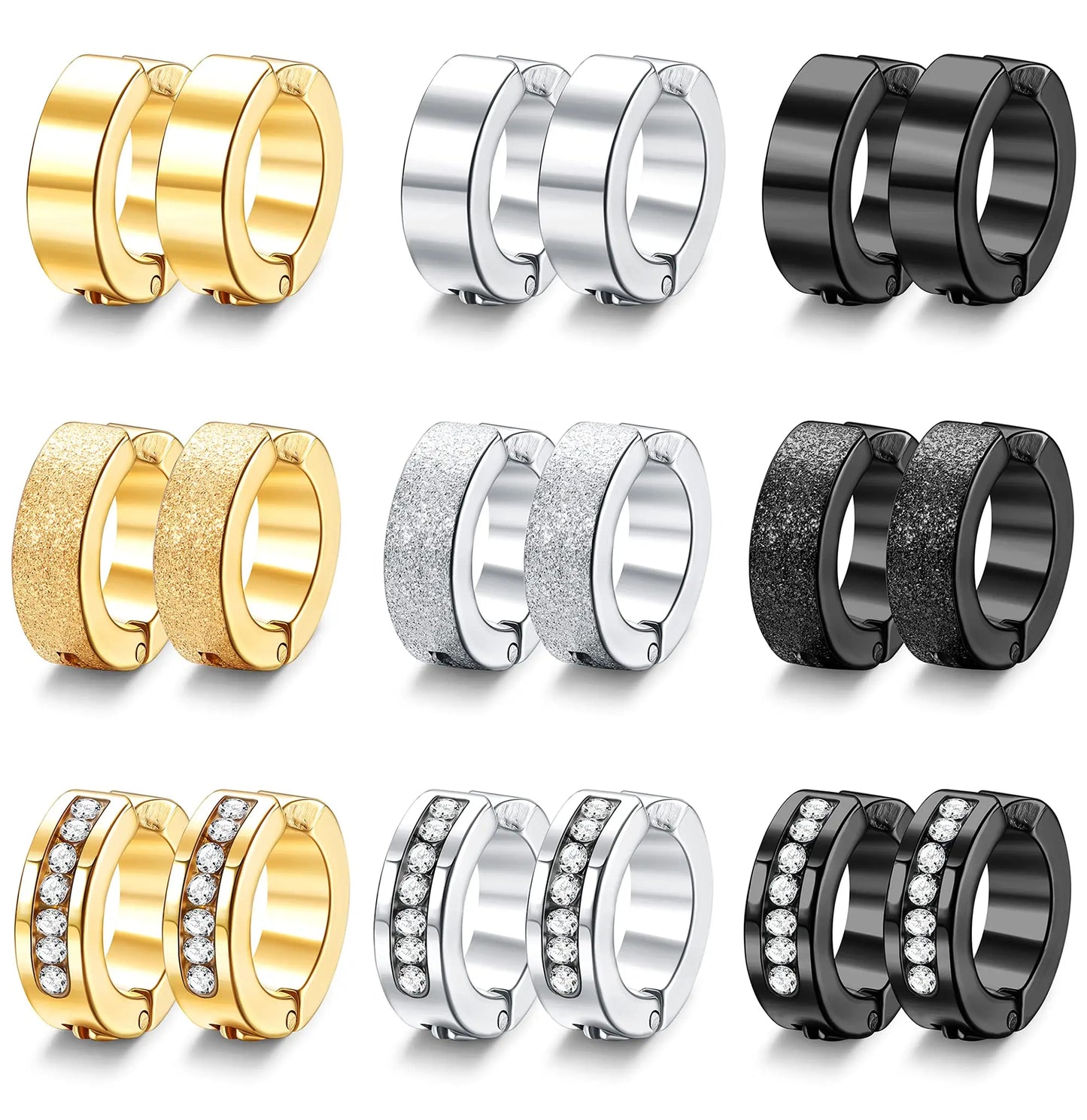 1 Pair/9 Pairs Non-Piercing Earrings Stainless Steel Clip On Hoop Earrings For Men Women Paved CZ Ear Clip Earrings Set