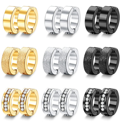 1 Pair/9 Pairs Non-Piercing Earrings Stainless Steel Clip On Hoop Earrings For Men Women Paved CZ Ear Clip Earrings Set