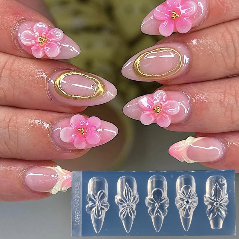3D Flower Silicone Nail Mold Lily & Hibiscus Petals Carving Template Gel Polish Stencils for Spring Summer Manicure Decor