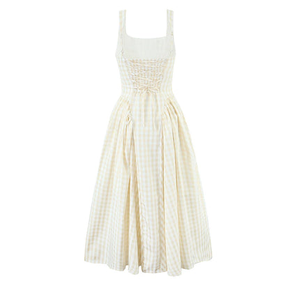 YENKYE Lace Up Bandage Plaid Sling Dress Women Elegant Square Neck Low Waist A-line Midi Summer Dresses Holiday Party Robe 2025