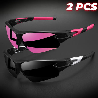 2PCS New Wraparound Sports Sunglasses Semi-Rimless Lightweight for Cycling Hiking Daily Unisex UV400 Anti-Fog Outdoor Eyewear