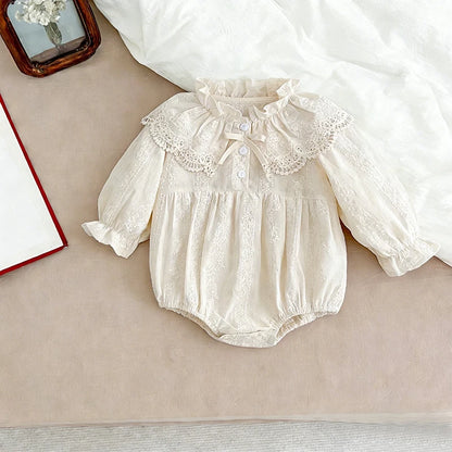 0-2Yrs Newborn Bodysuit Spring Autumn Clothes Baby Romper Lapel Collar Princess Bow Romper Long Sleeves Infant Girl Jumpsuit