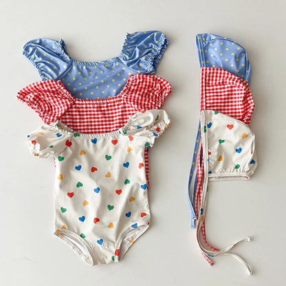 2025 Summer New Baby Girl Long Sleeve Sunscreen Swimsuit Newborn Bodysuit Toddler Girls Heart Print One Piece + Hat