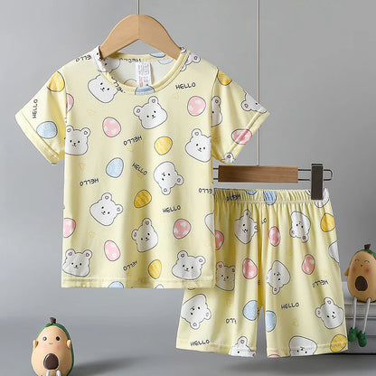 2-piece children's summer cute cartoon printed short sleeved shorts set for boys and girls casual and comfortable T-shirt shorts