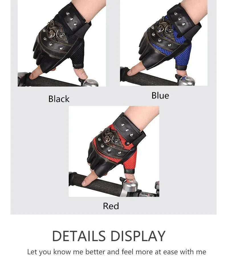 Pirate Captain PU Leather Fingerless Gloves Men Women Skulls Rivet Mitts Hip Hop Gym Gloves Female Moto Half Finger Gloves