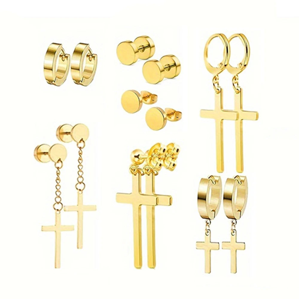 7 Pairs Stainless Steel Dangle Hoop Earrings For Men, Punk Cool Stud Earring