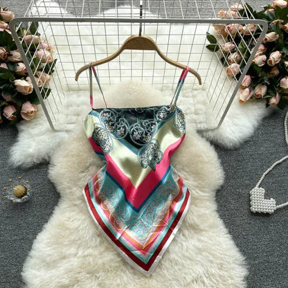 Women Sexy Backless asymmetrical lace-up Camis Print Tank Top Chic One-piece Corset Bustier Summer Beach vacation Crop Top