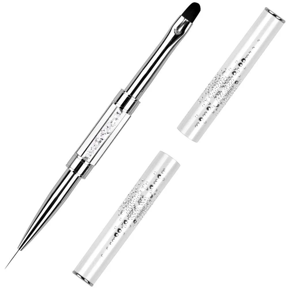 Pro Dual-Ended Builder Gel Nail Art Brush Rhinestone Handle for Painting French Tip Nail Brush Polish Gel Liner Manicure Tools
