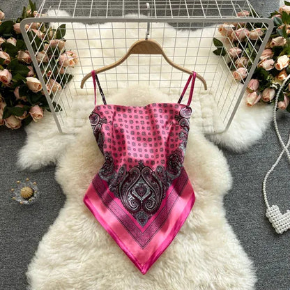 Women Sexy Backless asymmetrical lace-up Camis Print Tank Top Chic One-piece Corset Bustier Summer Beach vacation Crop Top