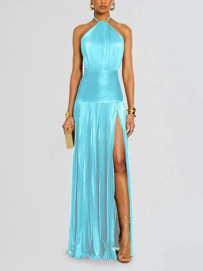 Gold Halter Neck Evening Dress Woman Chic Solid Color Pleated Backless Package Hip Slit Dress Fashion Trendy Lady Party Vestidos