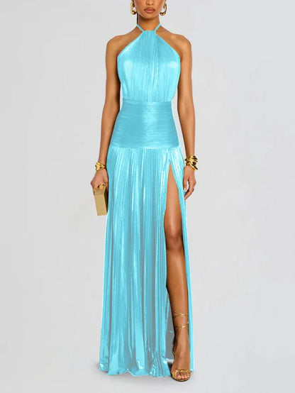 Gold Halter Neck Evening Dress Woman Chic Solid Color Pleated Backless Package Hip Slit Dress Fashion Trendy Lady Party Vestidos