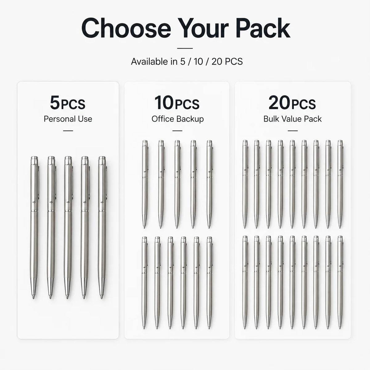 5/10/20Pcs Stainless Steel Ballpoint Pens, Silver Metal Medium Nib Smooth Twist Writing Pens for Office School