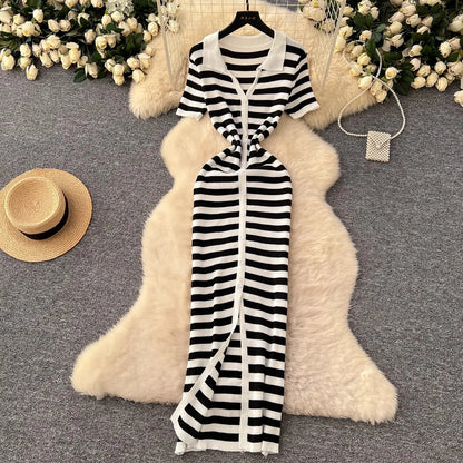 YuooMuoo Chic Fashion Sexy Wrap Hips Knitted Maxi Dress 2026 Summer Women Single-breasted Stripes Sweater Dress Streetwear Robes