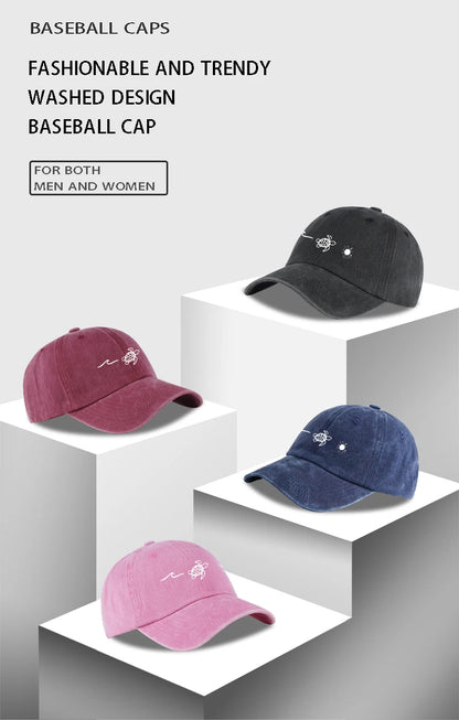 Retro Washed Baseball Cap with Wave, Turtle, and Sun Print – Unisex Adjustable Dad Cap – Summer Beach Sun Hat