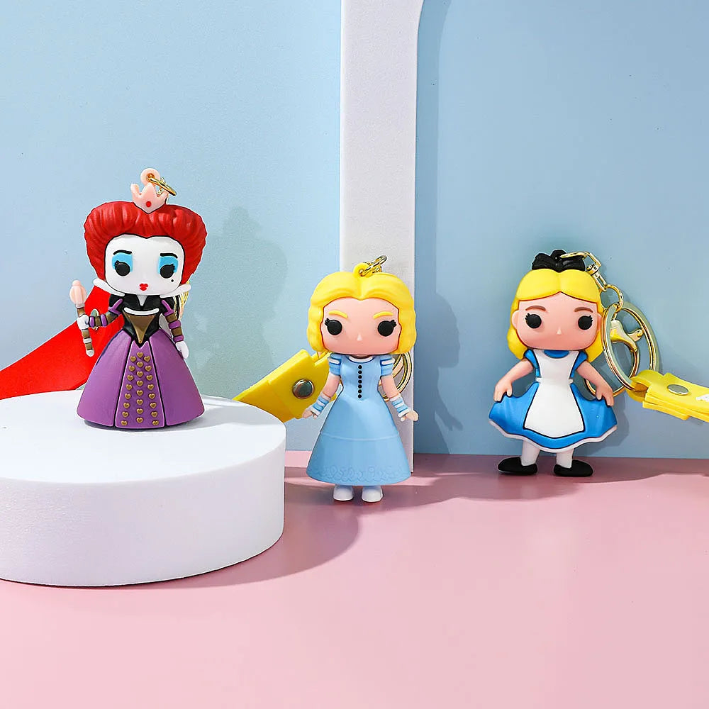Alice in Wonderland Silicone Keychain Lovely 3D Anime Film Figure Key Chain Keyrings Backpack Bag Car Accessories Gift