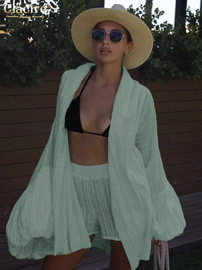 Clacive Fashion Loose White Cotton Sets For Women 2 Pieces 2025 Elegant Puff Sleeve Robes With High Waist Shorts Set Female