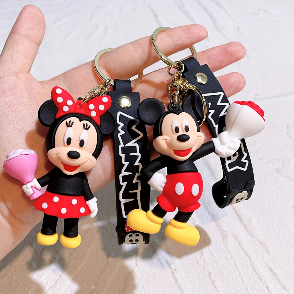 Mickey Minnie Flower Series PVC Figure Keychain Set, 6PCS Cute Cartoon Couple Key Rings with Floral Design for Bag Gift
