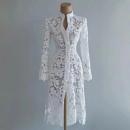 Women's Floral Lace Hollow Out Elegant Dress Solid Single-breasted Turtleneck Autumn Long Sleeve Cardigan Outwear Midi Dresses