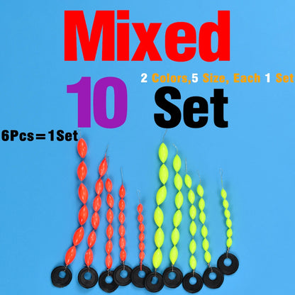 60Pcs/10Sets Fishing Float 6 In 1 String Type Seven Star Float Foam Space Bean Fishing Line Stopper Buoys Tackle Accessories